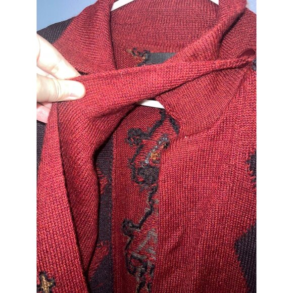 The Peruvian Collection Burgundy Open Front Sweater SZ L Aztec Pattern W Pockets - Picture 5 of 8